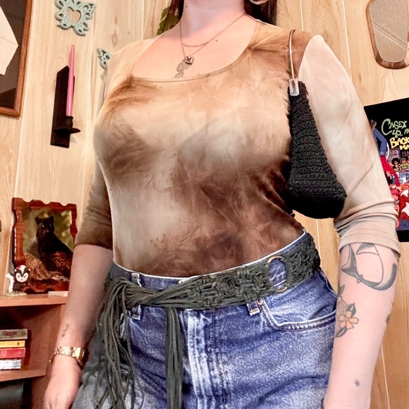 Vintage Medium Brown Tie Dye Stretch Top 90s 2000s - Picture 1 of 5